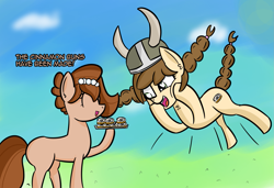 Size: 1893x1293 | Tagged: safe, artist:artiks, imported from derpibooru, oc, oc only, oc:brownie bun, oc:tvælåt, earth pony, pony, braid, cinnamon bun, duo, duo female, female, food, helmet, horned helmet, viking helmet