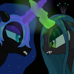 Size: 2000x2000 | Tagged: safe, artist:moneybags93, imported from derpibooru, nightmare moon, queen chrysalis, alicorn, changeling, changeling queen, crossed horns, crown, duo, eye contact, female, glowing horn, gritted teeth, horn, horns are touching, jewelry, looking at each other, looking at you, mare, regalia