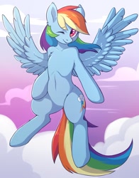 Size: 1159x1479 | Tagged: safe, artist:fensu-san, artist:notsafe2safeponies, edit, imported from derpibooru, rainbow dash, pegasus, pony, semi-anthro, backwards cutie mark, belly, cloud, eyes closed, female, flying, human shoulders, humanoid torso, looking at you, mare, midriff, one eye closed, sfw edit, smiling, solo, spread wings, wings, wink