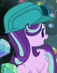 Size: 830x1074 | Tagged: safe, imported from derpibooru, screencap, starlight glimmer, pony, unicorn, rock solid friendship, cave, cropped, female, helmet, looking back, mare, mining helmet, solo