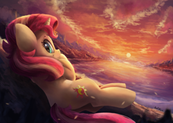 Size: 3600x2550 | Tagged: safe, artist:discorded, artist:vanillaghosties, imported from derpibooru, sunset shimmer, pony, unicorn, collaboration, cute, female, looking at you, looking back, looking back at you, mare, pun, scenery, shimmerbetes, smiling, solo, sunset, visual pun