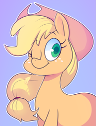 Size: 793x1031 | Tagged: safe, artist:norithecat, imported from derpibooru, applejack, earth pony, pony, blue background, cowboy hat, female, freckles, hat, looking at you, mare, one eye closed, simple background, solo, white outline