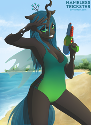 Size: 1024x1401 | Tagged: safe, artist:namelesstrickster, imported from derpibooru, queen chrysalis, anthro, changeling, armpits, beach, breasts, cleavage, clothes, female, looking at you, one-piece swimsuit, salute, seashore, sideboob, smiling, solo, swimsuit, toy