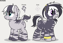 Size: 4000x2743 | Tagged: safe, artist:an-tonio, imported from derpibooru, oc, oc only, oc:florida, oc:zula, zebra, ear piercing, piercing, reference sheet, zebra oc