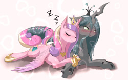 Size: 1120x700 | Tagged: safe, artist:phoenixperegrine, imported from derpibooru, princess cadance, queen chrysalis, alicorn, changeling, changeling queen, pony, abstract background, blushing, cadalis, couple, crown, cuddling, cute, cutealis, cutedance, ear fluff, embarrassed, eyelashes, eyes closed, female, floppy ears, happy, heart, heart background, hug, infidelity, intertwined tails, jewelry, lesbian, love, lying, mare, pleased, regalia, satisfied, shipping, smiling, spread legs, spread wings, spreading, wings, zzz