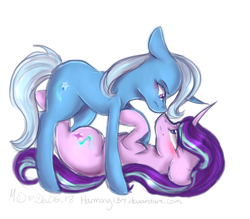 Size: 4000x3500 | Tagged: safe, artist:harmony134, imported from derpibooru, starlight glimmer, trixie, pony, unicorn, blushing, female, lesbian, mare, shipping, simple background, startrix, transparent background