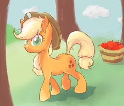 Size: 1198x1024 | Tagged: safe, artist:noupu, imported from derpibooru, applejack, earth pony, pony, apple, basket, female, food, mare, solo