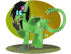 Size: 1280x960 | Tagged: safe, artist:b-cacto, imported from derpibooru, oc, oc only, oc:prickly pears, bat pony, chimera, crystal pony, hippogriff, hybrid, original species, shark pony, snake, bat wings, claws, flower, flower in hair, glasses, simple background, snake for a tail, solo, super hybrid, tail, tongue out, transparent background, wat, wings