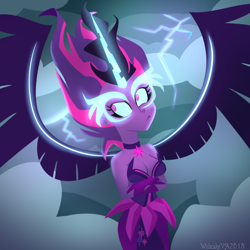 Size: 1000x1000 | Tagged: safe, artist:wubcakeva, imported from derpibooru, sci-twi, twilight sparkle, equestria girls, friendship games, breasts, cleavage, clothes, cloud, cloudy, crossed arms, dress, female, lightning, lineless, midnight sparkle, solo, spread wings, wings