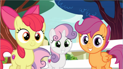 Size: 1284x721 | Tagged: safe, imported from derpibooru, screencap, apple bloom, scootaloo, sweetie belle, earth pony, pegasus, pony, unicorn, marks for effort, adorabloom, cute, cutealoo, cutie mark crusaders, diasweetes, female, filly, looking at you, smiling, trio