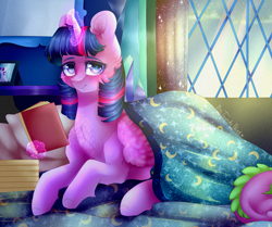 Size: 2813x2350 | Tagged: safe, artist:twinkepaint, imported from derpibooru, spike, twilight sparkle, alicorn, pony, bed, bedroom, blanket, book, female, head out of frame, levitation, looking at you, magic, mare, telekinesis, that pony sure does love books, twilight sparkle (alicorn)