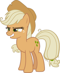 Size: 2345x2832 | Tagged: safe, artist:frownfactory, imported from derpibooru, mean applejack, earth pony, pony, the mean 6, .svg available, applejack's hat, clone, cowboy hat, female, grin, hat, lip bite, mare, mean, simple background, smiling, solo, svg, transparent background, vector
