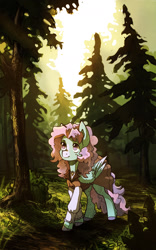 Size: 1243x1994 | Tagged: safe, artist:koviry, imported from derpibooru, oc, oc only, oc:sugar star, pegasus, pony, clothes, dappled sunlight, folded wings, forest, looking up, outdoors, path, scenery, solo, walking, wings, ych result