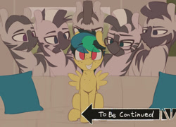 Size: 1835x1319 | Tagged: safe, artist:shinodage, edit, editor:twitchyylive, imported from derpibooru, oc, oc only, oc:apogee, pegasus, pony, zebra, :o, bedroom eyes, couch, cute, eyes on the prize, female, filly, freckles, glasses, grin, imminent sex, implied rape, jojo's bizarre adventure, lidded eyes, looking at you, male, meme, open mouth, pillow, piper perri surrounded, roundabout, sitting, smiling, smirk, squee, stallion, to be continued (meme)