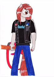 Size: 2463x3481 | Tagged: safe, artist:killerteddybear94, imported from derpibooru, oc, oc:galestorm, anthro, pegasus, clothes, crush 40, electric guitar, guitar, guitar pick, heavy metal, jacket, looking away, male, musical instrument, pants, rock (music), rocker, shirt, solo, stallion, t-shirt, traditional art