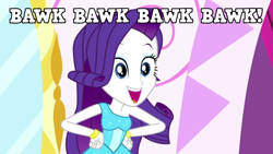 Size: 1080x608 | Tagged: safe, edit, edited screencap, imported from derpibooru, screencap, rarity, bird, chicken, eqg summertime shorts, equestria girls, make up shake up, image macro, meme