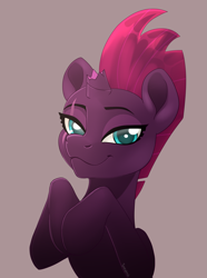 Size: 2015x2702 | Tagged: safe, artist:taneysha, imported from derpibooru, fizzlepop berrytwist, tempest shadow, pony, unicorn, my little pony: the movie, broken horn, eye scar, female, hooves to the chest, looking at you, mare, scar, simple background, smiling, solo, when she smiles