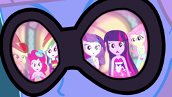 Size: 1280x720 | Tagged: safe, imported from derpibooru, screencap, applejack, fluttershy, photo finish, pinkie pie, rainbow dash, rarity, twilight sparkle, a photo booth story, eqg summertime shorts, equestria girls, female, mane six, reflection