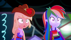 Size: 1280x720 | Tagged: safe, imported from derpibooru, screencap, applejack, rainbow dash, eqg summertime shorts, equestria girls, raise this roof, bare shoulders, belt, blushing, clothes, cutie mark on clothes, duo, duo female, fall formal outfits, female, fingerless gloves, gloves, huh, looking at something, multicolored hair, rainbow hair, sleeveless, strapless, surprised