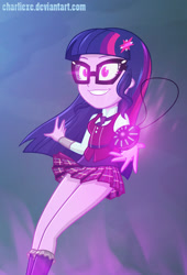 Size: 704x1034 | Tagged: safe, artist:charliexe, imported from derpibooru, sci-twi, twilight sparkle, equestria girls, friendship games, clothes, crystal prep academy uniform, evil, female, glasses, glowing eyes, grin, implied midnight sparkle, legs, magic capture device, miniskirt, possessed, school uniform, skirt, smiling, socks, solo, thighs, vest