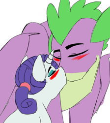 Size: 826x923 | Tagged: safe, artist:whitefox2k18, imported from derpibooru, rarity, spike, dragon, pony, unicorn, alternate hairstyle, blushing, duo, female, kissing, male, mare, older, older spike, shipping, sparity, straight