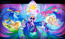 Size: 1500x898 | Tagged: dead source, safe, artist:alexia tryfon, imported from derpibooru, applejack, fluttershy, pinkie pie, rainbow dash, rarity, spike, twilight sparkle, alicorn, bird, butterfly, dragon, earth pony, pegasus, pony, unicorn, my little pony: the movie, apple tree, balloon, book, eyes closed, mane seven, mane six, quill, signature, stained glass, stars, sun, tree, twilight sparkle (alicorn)