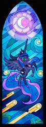 Size: 889x2459 | Tagged: safe, artist:alexia tryfon, imported from derpibooru, princess luna, alicorn, pony, my little pony: the movie, crescent moon, ethereal mane, female, mare, moon, signature, solo, stained glass, starry mane, stars