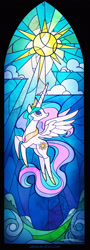 Size: 889x2459 | Tagged: safe, artist:alexia tryfon, imported from derpibooru, princess celestia, alicorn, pony, my little pony: the movie, ethereal mane, female, mare, signature, solo, stained glass, sun