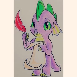 Size: 1216x1216 | Tagged: safe, artist:smirk, imported from derpibooru, spike, dragon, cute, male, quill, smiling, solo, traditional art