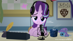 Size: 4422x2491 | Tagged: safe, artist:jhayarr23, imported from derpibooru, starlight glimmer, trixie, pony, unicorn, marks for effort, cape, chair, chocolate, clothes, empathy cocoa, female, food, fraiser crane, frasier, hat, headphones, horn, hot chocolate, implied lesbian, implied shipping, implied startrix, looking at you, mare, marshmallow, microphone, mug, multicolored hair, quill, radio show, show accurate, simple background, solo, vector, wizard hat