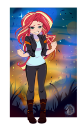 Size: 800x1236 | Tagged: safe, artist:silver-wingx, imported from derpibooru, sunset shimmer, equestria girls, friendship games, clothes, deleted scene, female, jacket, looking down, pants, scene interpretation, smiling, solo