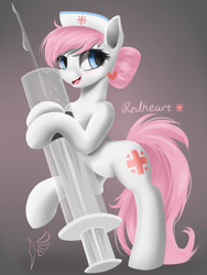 Size: 1728x2300 | Tagged: safe, artist:fluttersheeeee, imported from derpibooru, nurse redheart, earth pony, pony, bipedal, bipedal leaning, broken spine, cutie mark, female, giant syringe, gradient background, hair bun, hat, leaning, needle, nurse hat, solo, syringe