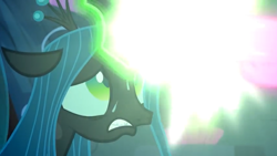 Size: 1100x619 | Tagged: safe, imported from derpibooru, screencap, queen chrysalis, changeling, changeling queen, the mean 6, beam struggle, female, implied mean twilight sparkle, laser, magic, solo, sweat, worried