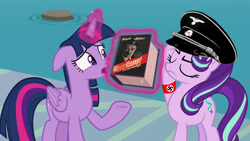 Size: 1920x1080 | Tagged: safe, edit, edited screencap, imported from derpibooru, screencap, starlight glimmer, twilight sparkle, alicorn, pony, unicorn, school daze, adolf hitler, armband, blackletter, duo, eyes closed, female, floppy ears, magic, mare, mein kampf, nazi, nazi salute, op is a duck, op is trying to start shit, salute, sieg heil, swastika, twilight sparkle (alicorn)