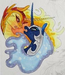 Size: 1815x2085 | Tagged: safe, artist:creeate97, imported from derpibooru, daybreaker, nightmare moon, alicorn, pony, bust, curved horn, duo, female, mare, open mouth, sharp teeth, sisters, teeth, traditional art