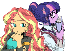 Size: 3541x2507 | Tagged: safe, artist:sajuaira, imported from derpibooru, sci-twi, sunset shimmer, twilight sparkle, equestria girls, friendship games, book, clothes, crystal prep academy uniform, duo, female, glasses, jacket, leather jacket, pixiv, school uniform, simple background, white background