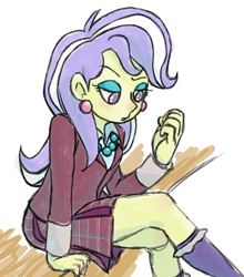 Size: 1763x2000 | Tagged: safe, artist:sajuaira, imported from derpibooru, upper crust, equestria girls, friendship games, clothes, crystal prep academy uniform, ear piercing, earring, female, jewelry, piercing, pixiv, plaid skirt, pleated skirt, school uniform, simple background, skirt, socks, solo, white background