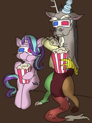 Size: 600x800 | Tagged: safe, artist:sajuaira, imported from derpibooru, discord, starlight glimmer, draconequus, pony, unicorn, 3d glasses, brown background, duo, female, food, male, popcorn, simple background