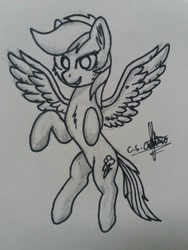 Size: 774x1032 | Tagged: safe, artist:ironbeastz, imported from derpibooru, rainbow dash, pegasus, pony, female, flying, mare, monochrome, signature, simple background, solo, traditional art, white background