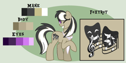 Size: 1600x802 | Tagged: safe, artist:ipandacakes, imported from derpibooru, oc, oc only, oc:foxtrot, earth pony, pony, female, mare, offspring, parent:frederic horseshoepin, parent:octavia melody, parents:fredtavia, reference sheet, solo