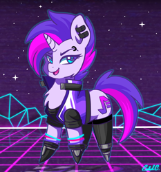 Size: 4000x4300 | Tagged: safe, artist:ciderpunk, imported from derpibooru, oc, oc:synthwave, pony, bracelet, clothes, cute, ear piercing, earring, glow bracelets, glowstick, jacket, jewelry, piercing, pointy ponies, retro, retrofuturism, retrowave, socks, synthwave, synthwave grid