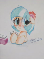 Size: 3456x4608 | Tagged: safe, artist:colorfulcolor233, artist:oofycolorful, imported from derpibooru, coco pommel, earth pony, pony, bust, female, floppy ears, mare, sick, smiling, solo, tissue box, traditional art