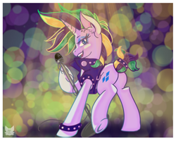 Size: 1500x1200 | Tagged: safe, artist:cckittycreative, imported from derpibooru, rarity, pony, alternate hairstyle, bracelet, butt, clothes, female, jacket, jewelry, leather jacket, looking at you, mare, microphone, music notes, plot, punk, raripunk, spiked wristband, wristband