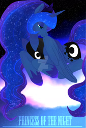 Size: 1280x1894 | Tagged: safe, artist:xxmoondropsxx, imported from derpibooru, princess luna, alicorn, pony, cloud, cutie mark, ethereal mane, female, jewelry, lidded eyes, lying down, mare, regalia, solo, starry mane, stars, text, watermark