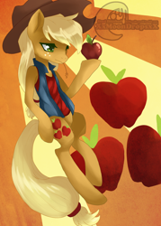 Size: 1024x1428 | Tagged: safe, artist:xxmoondropsxx, imported from derpibooru, applejack, semi-anthro, apple, applejack's hat, clothes, cowboy hat, cutie mark, cutie mark background, female, freckles, hat, lidded eyes, mare, obligatory apple, sleeveless, solo, straw in mouth