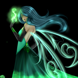 Size: 1024x1019 | Tagged: safe, artist:mdeltar, imported from derpibooru, queen chrysalis, human, clothes, dress, female, humanized, looking at you, looking back, looking back at you, magic, solo