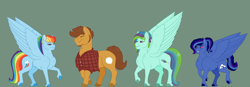 Size: 1600x559 | Tagged: safe, artist:ganashiashaka, imported from derpibooru, quibble pants, rainbow dash, oc, oc:feather dart, oc:storm streak, pegasus, pony, clothes, female, green background, male, mare, natural hair color, offspring, parent:quibble pants, parent:rainbow dash, parents:quibbledash, quibbledash, shipping, shirt, simple background, stallion, straight