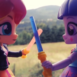 Size: 2336x2336 | Tagged: safe, artist:artofmagicpoland, imported from derpibooru, sunset shimmer, twilight sparkle, alicorn, equestria girls, birthday, doll, equestria girls minis, female, instagram, irl, lightsaber, photo, star wars, toy, twilight sparkle (alicorn), weapon