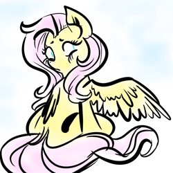 Size: 1000x1000 | Tagged: safe, artist:cycerina, imported from derpibooru, fluttershy, pegasus, pony, dock, female, head turn, looking over shoulder, mare, one wing out, rear view, simple background, sitting, solo, turned head, white background