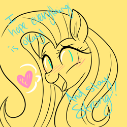 Size: 1000x1000 | Tagged: safe, artist:cycerina, imported from derpibooru, fluttershy, pony, blushing, dialogue, female, heart, looking at you, mare, open mouth, positive ponies, simple background, solo, speech bubble, yellow background